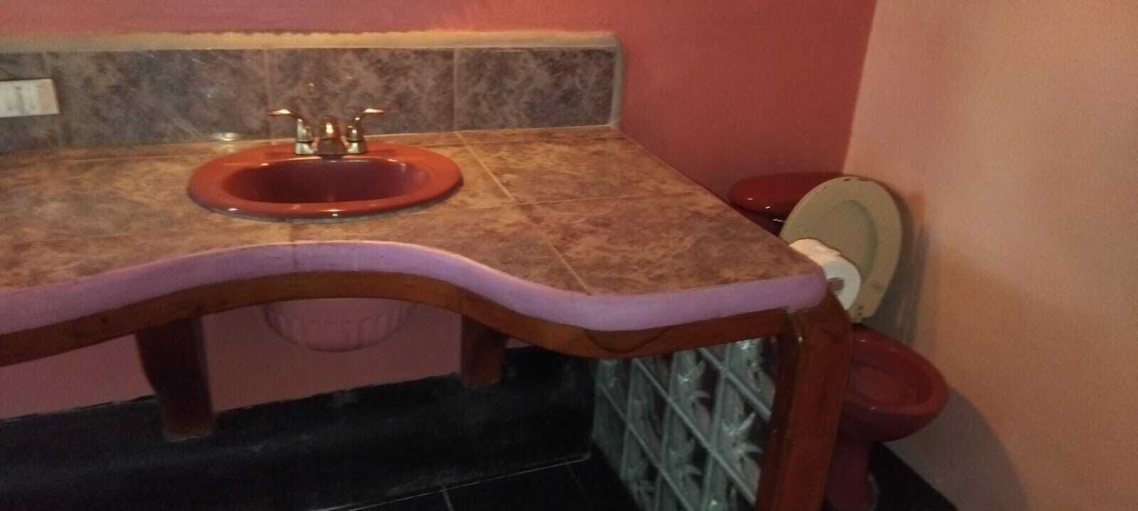 Un baño con un lavabo rojo, un inodoro y una zona de ducha.