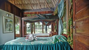 Una habitación con una cama, una ventana y una puerta.