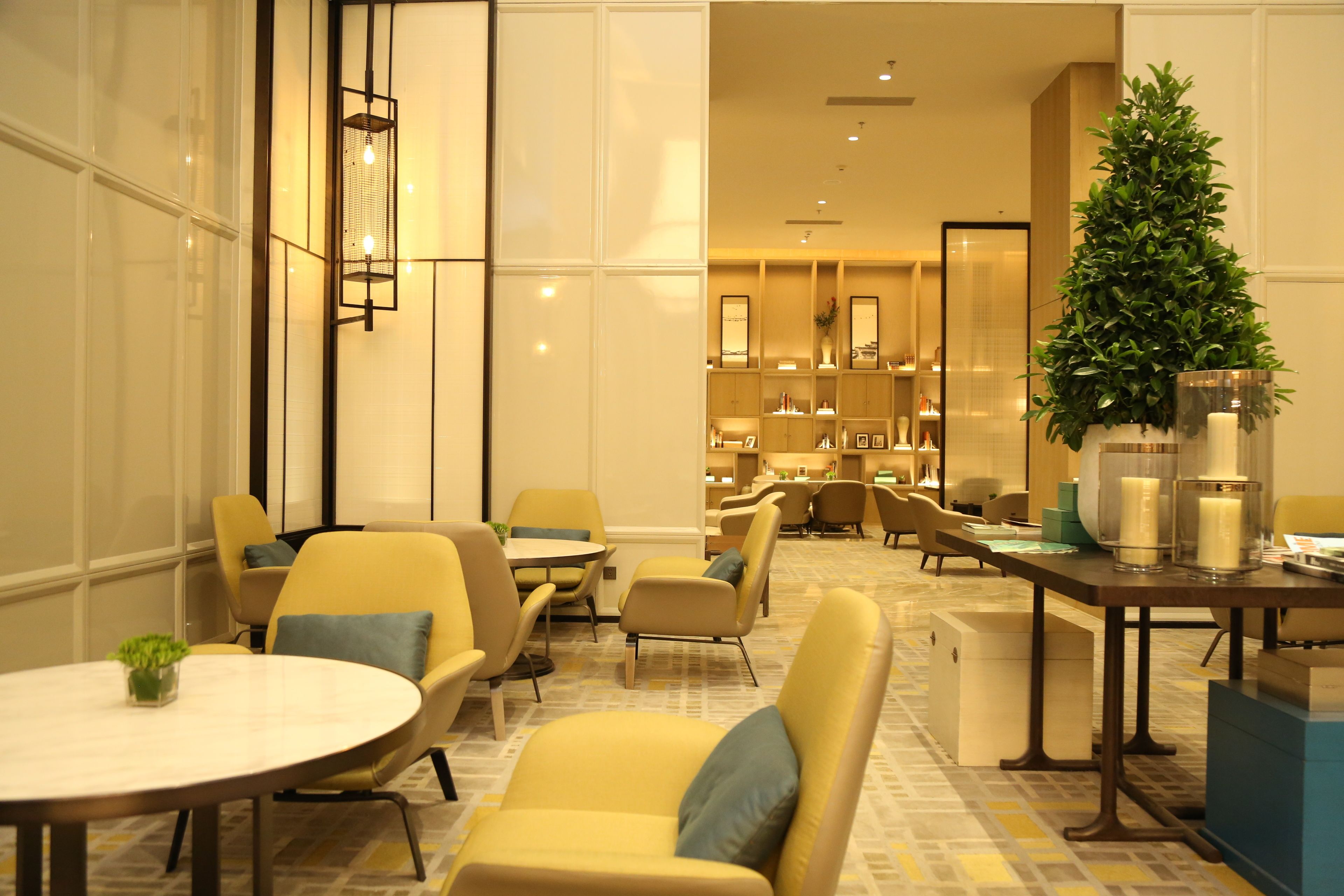 A hotel lobby with yellow seating, a reception desk, and a large potted plant.