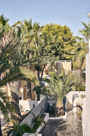 Stroll through lush gardens to a modern building with a clean design.