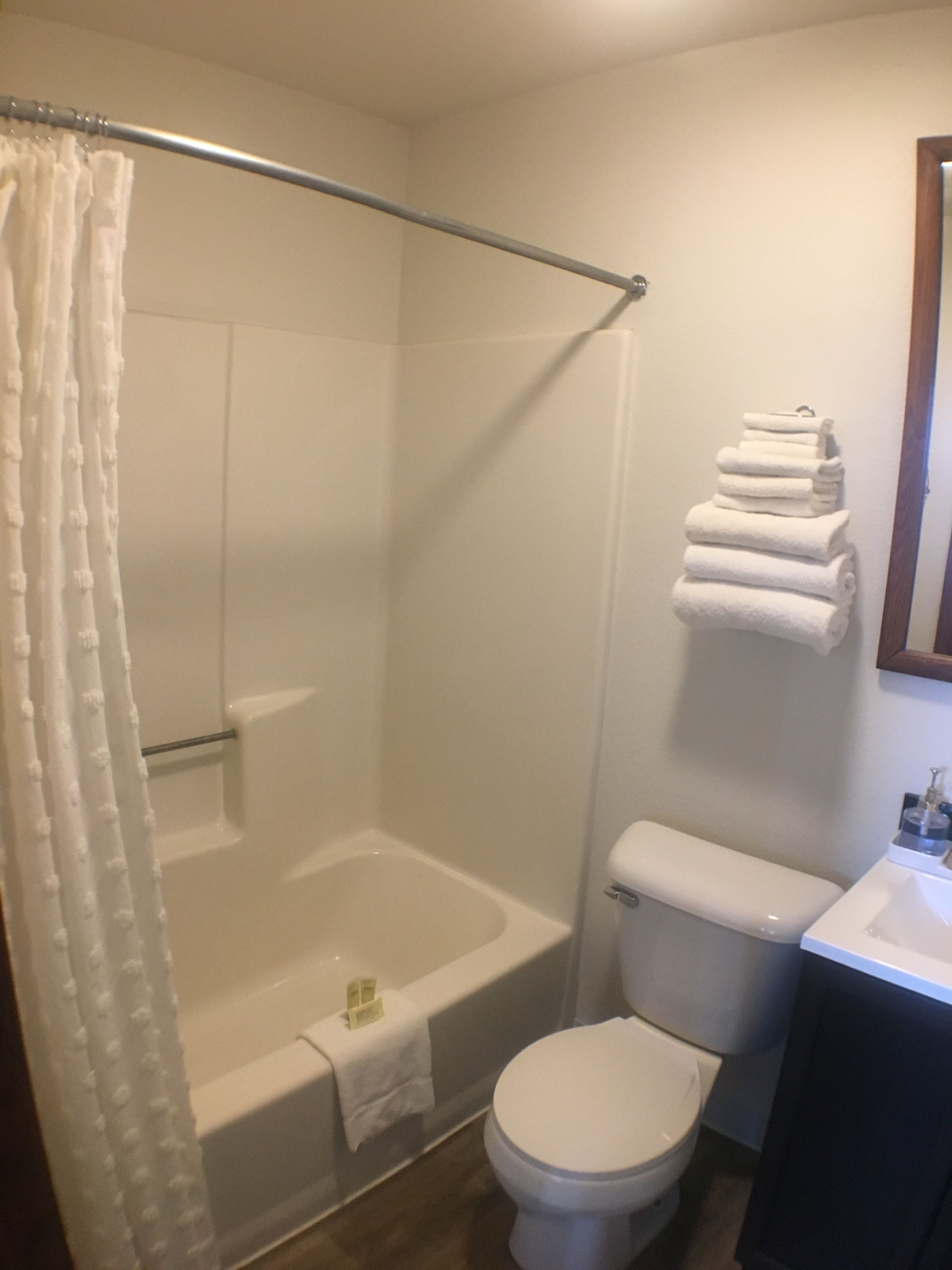 Une salle de bain avec une baignoire, des toilettes et un porte-serviettes.
