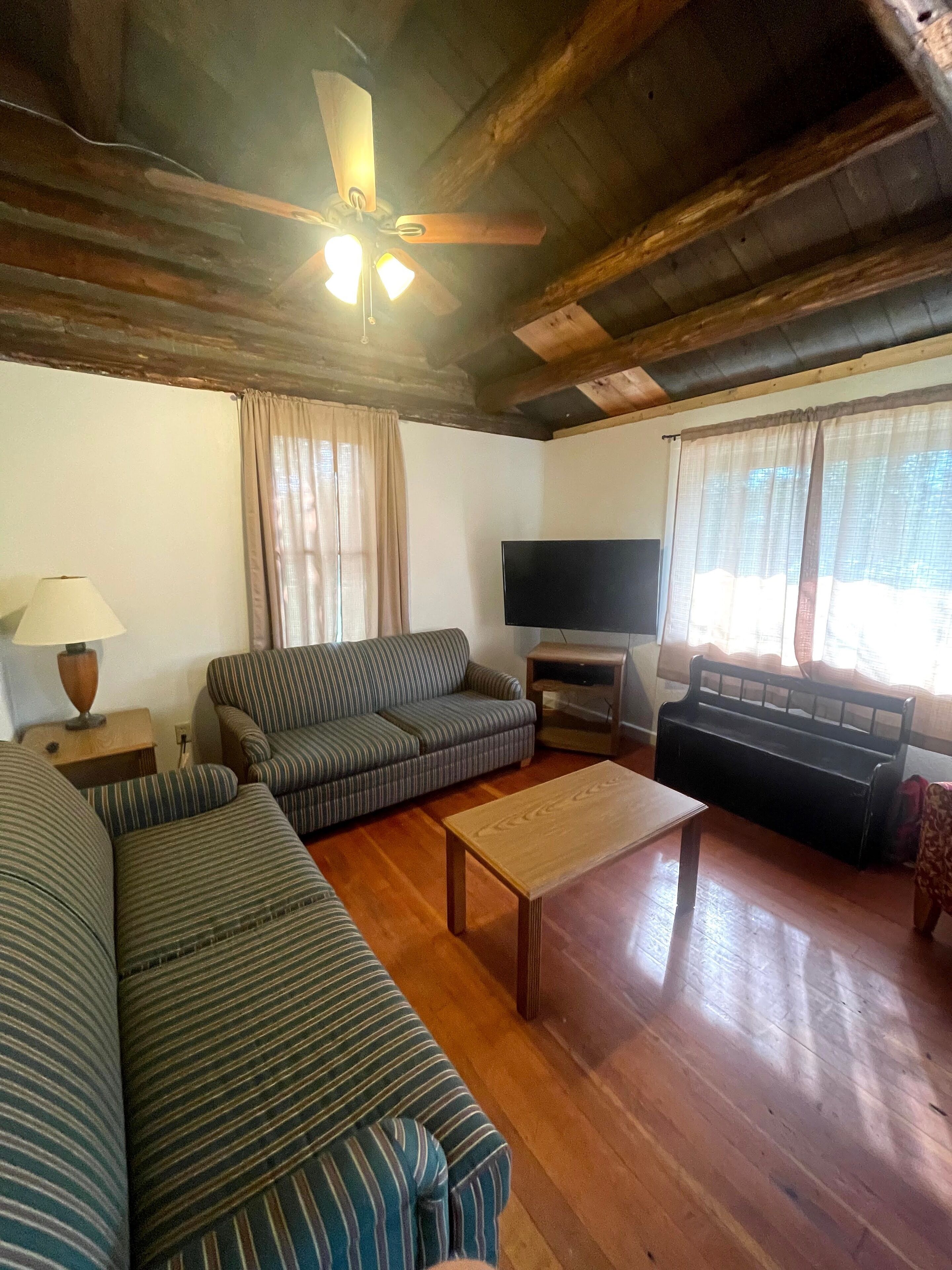 deluxe cabin | living area | 32-inch flat-screen tv with digital channels, tv, dvd player