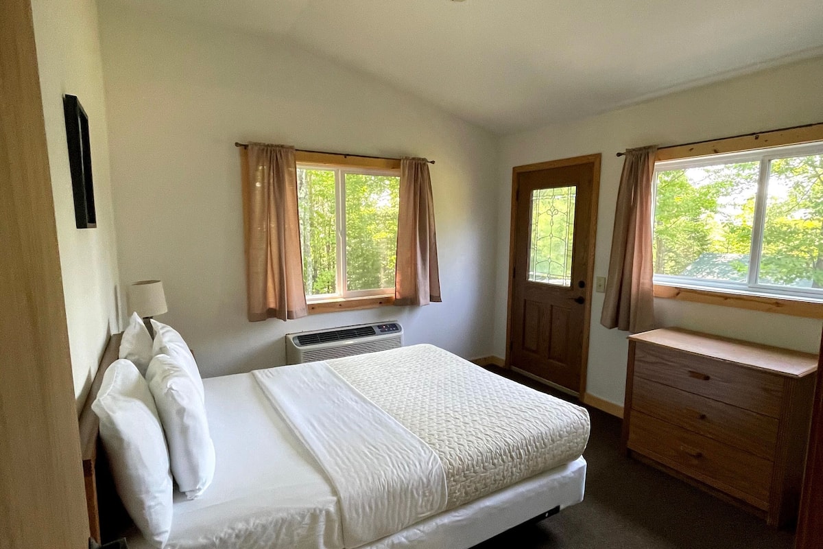 A bedroom with a bed, a dresser, an air conditioning unit, and two windows with curtains.