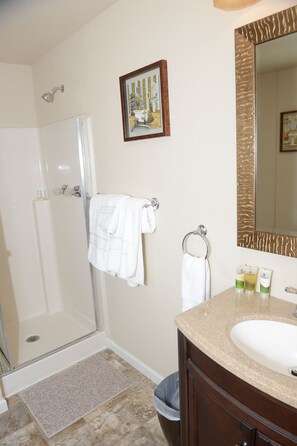 Suite de base, 1 trÚs grand lit, cuisine | Salle de bain | Douche, articles de toilette écologiques, serviettes fournies, savon