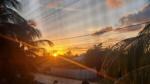 Una vista al atardecer con palmeras y una valla.