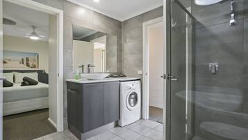 Shower, free toiletries, hair dryer, towels
