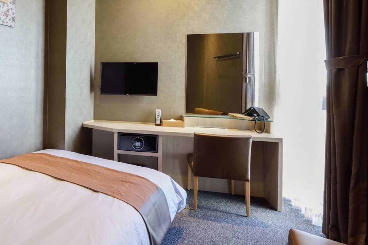 A hotel room with a bed, a desk, a flat-screen TV, a mirror, and a telephone.