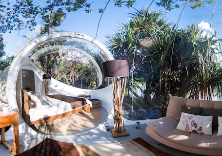 BUBBLE Vanilla | 1 bedroom, premium bedding, individually decorated, bed sheets. Bubble Lodge Bois Chéri