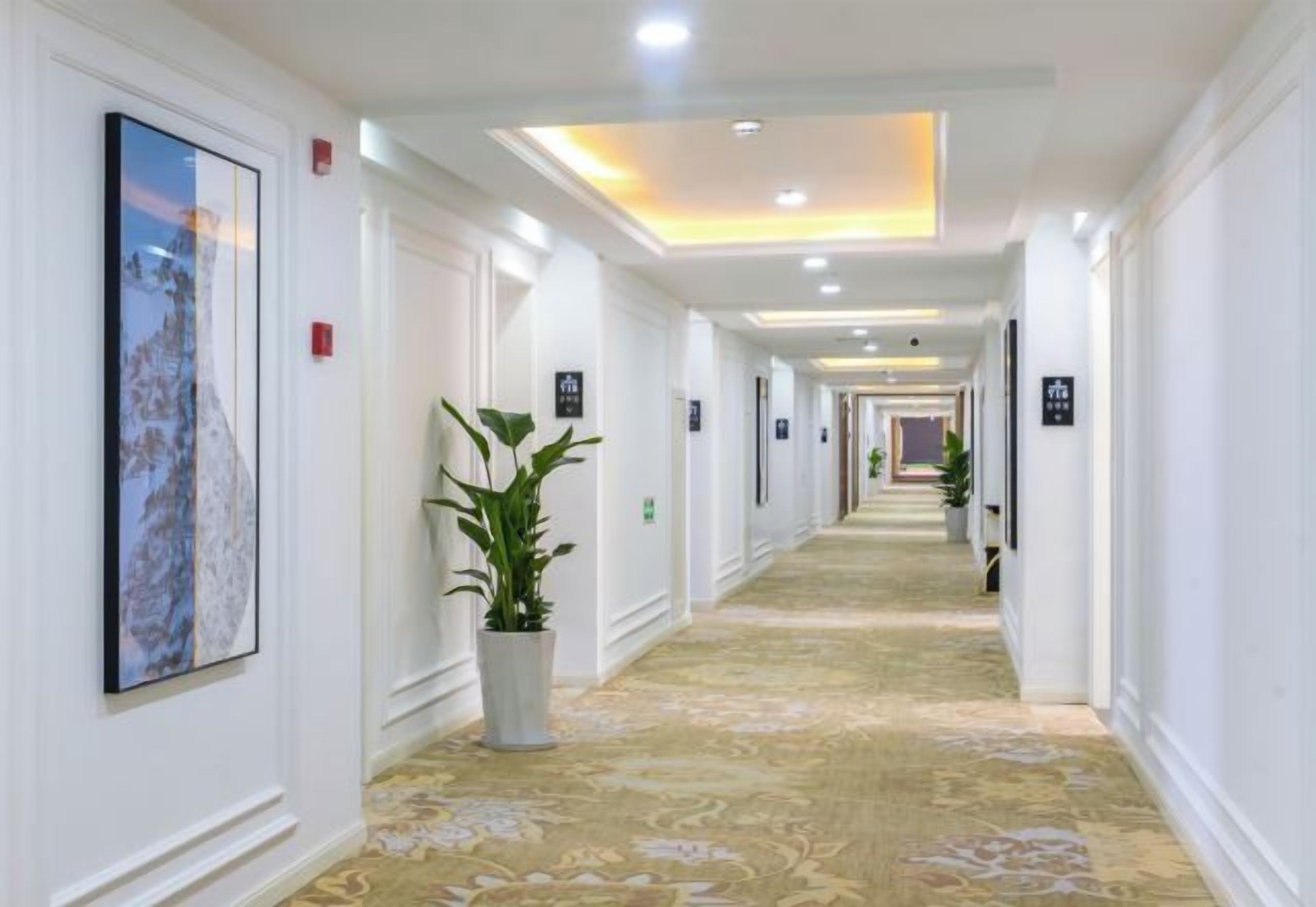 A hotel hallway with a carpeted floor, white walls, and framed artwork.