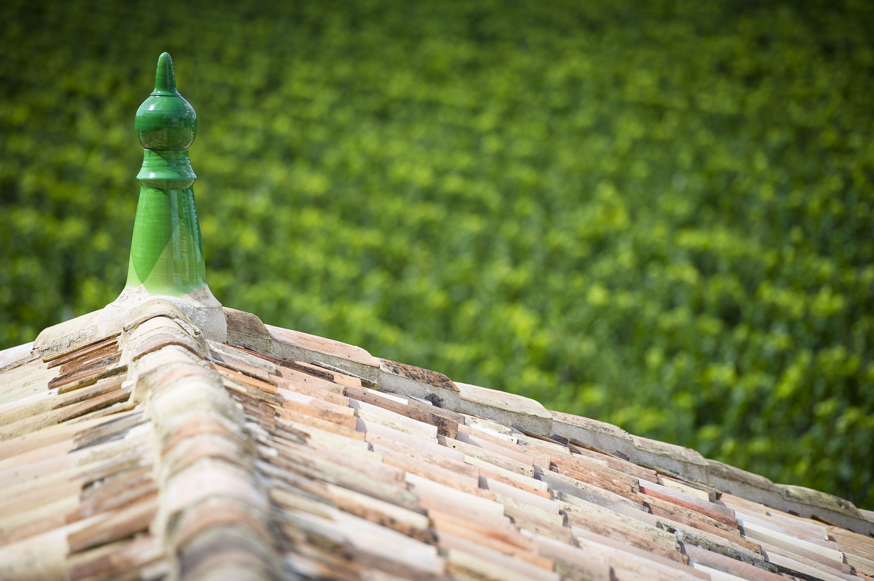 Primer plano de un tejado con un remate decorativo verde.