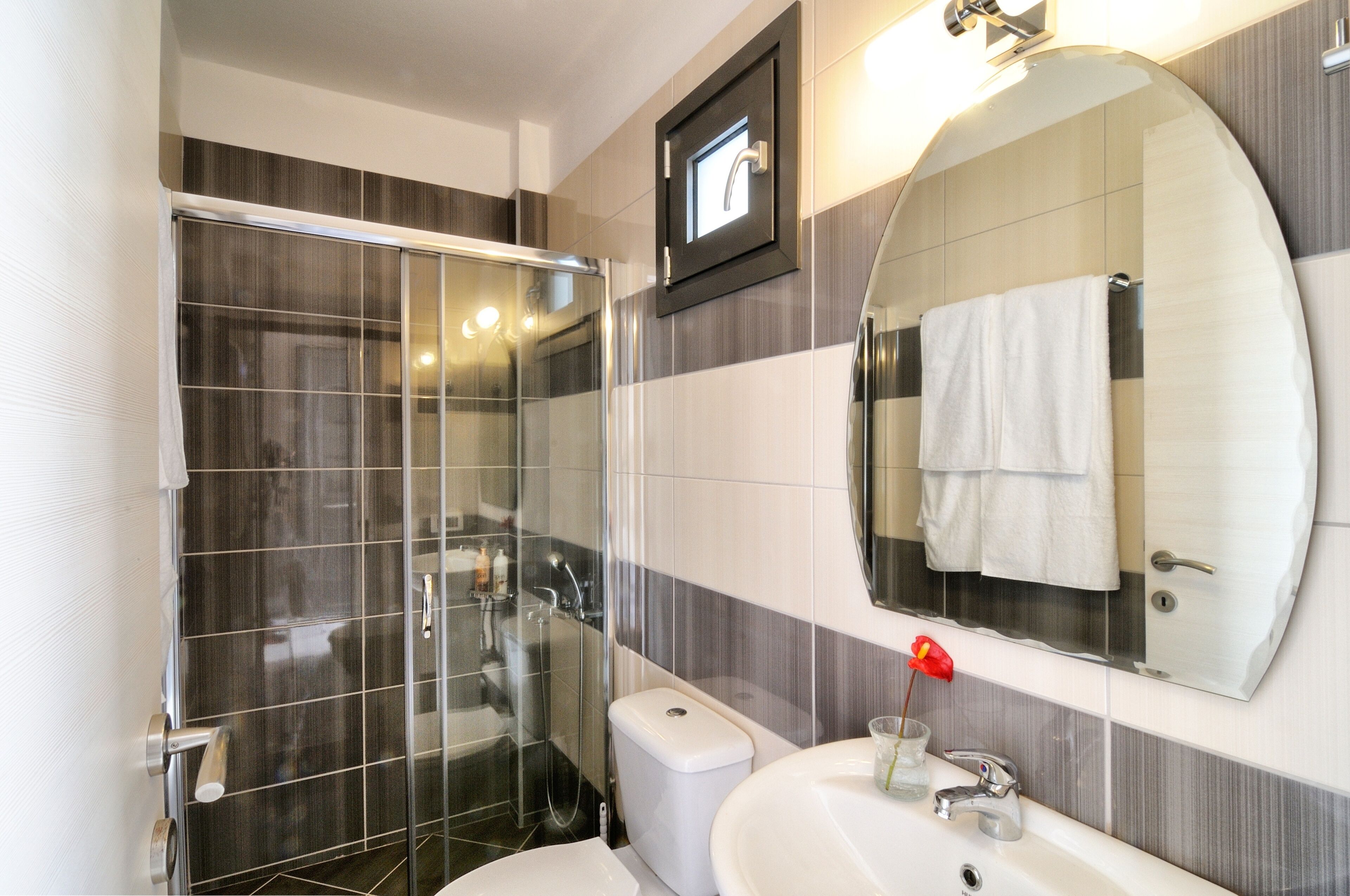 free toiletries, hair dryer, towels, toilet paper