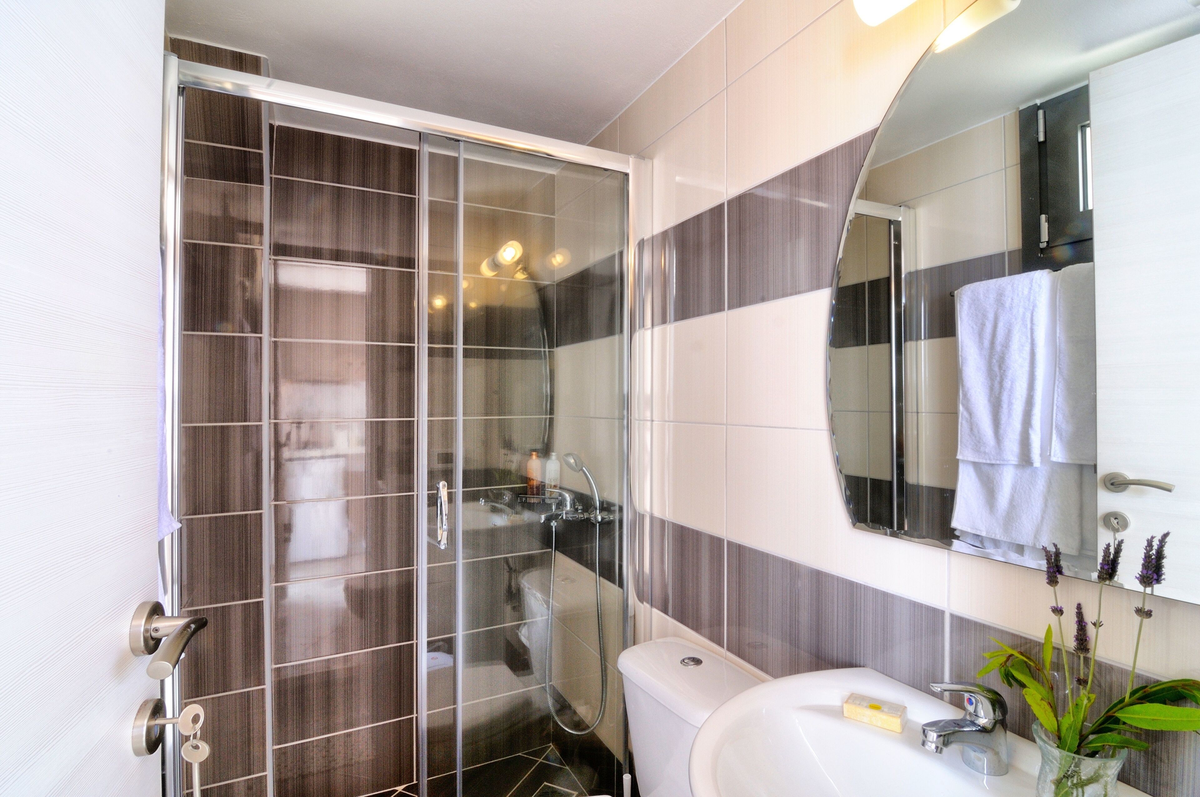 free toiletries, hair dryer, towels, toilet paper