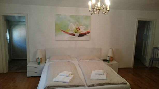 A double bed with two nightstands, a chandelier, and a painting of a flower on the wall.