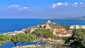 Un pueblo costero con edificios en una ladera con vistas al mar.