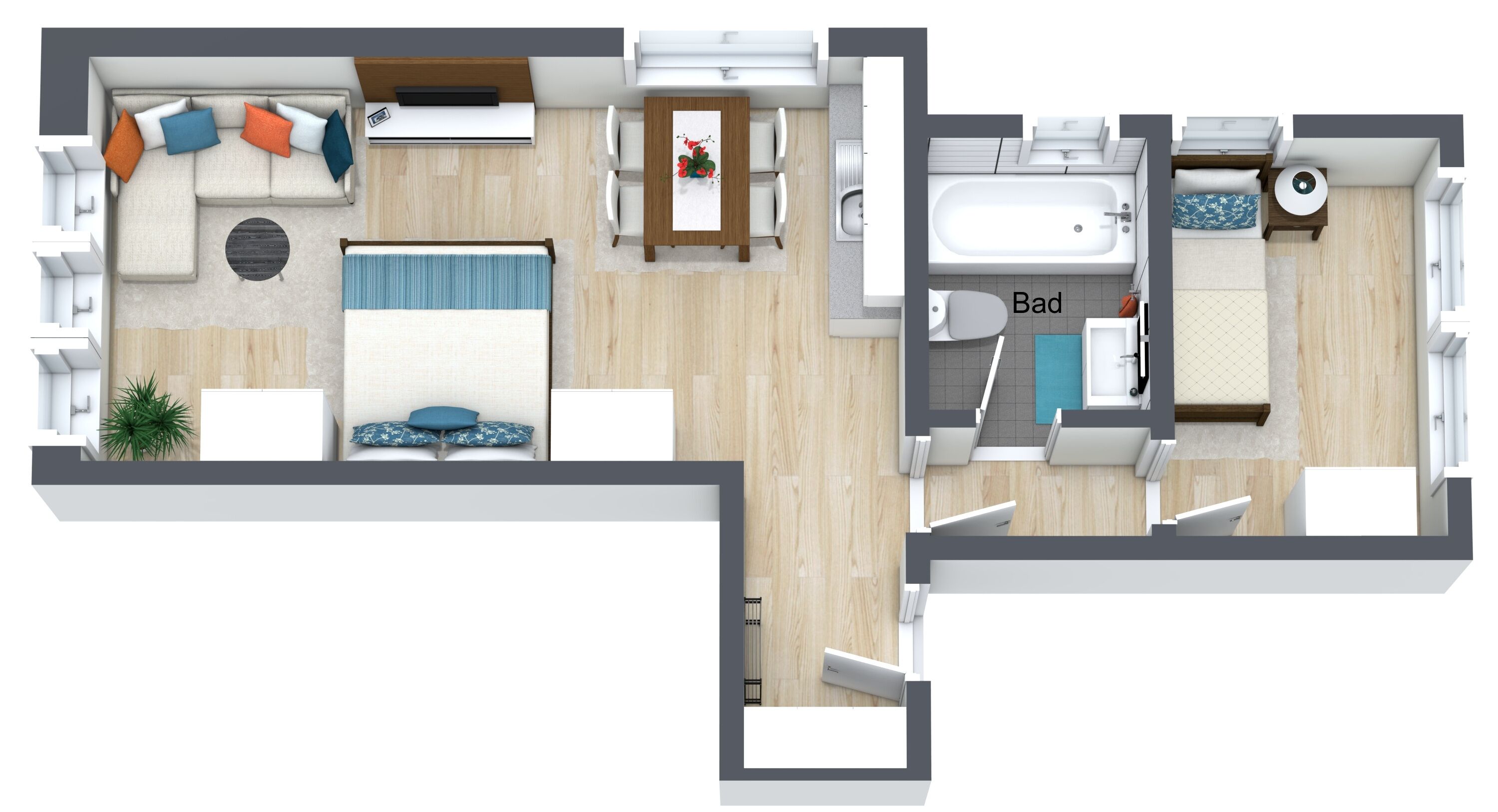Grundriss einer 2-Zimmer-Wohnung mit Wohnzimmer, Essbereich, Küche und Bad.