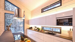 A modern kitchen with white cabinets, a stainless steel sink, and a large window overlooking a snowy forest. - Villa Borealis (Pälkäne)
