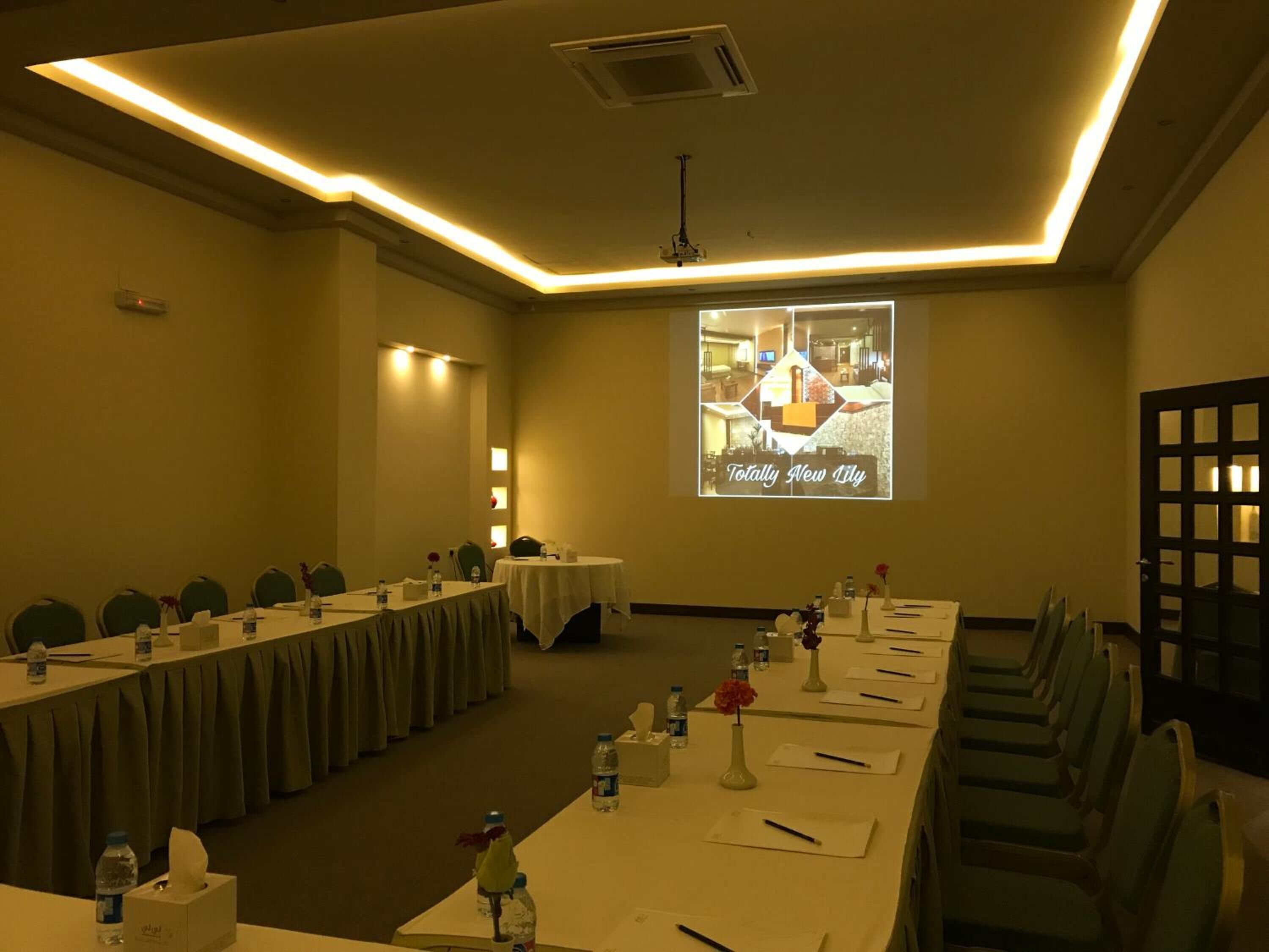 A conference room with a long table, chairs, and a projector screen displaying "Totally New Lily".
