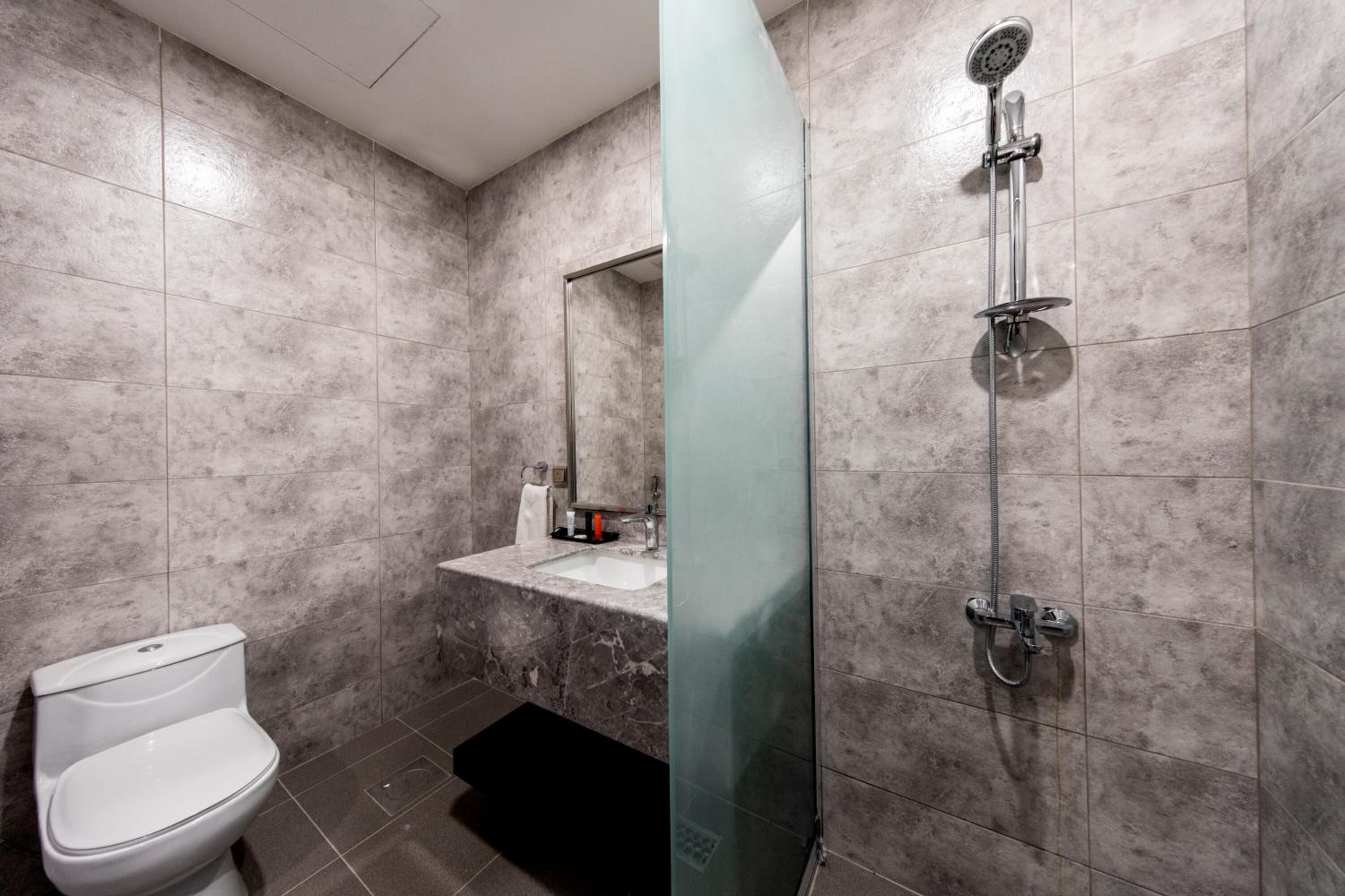 Une salle de bain avec des toilettes, un lavabo et une douche.