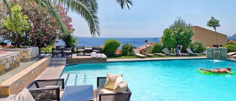 Seasonal outdoor pool, pool umbrellas, sun loungers