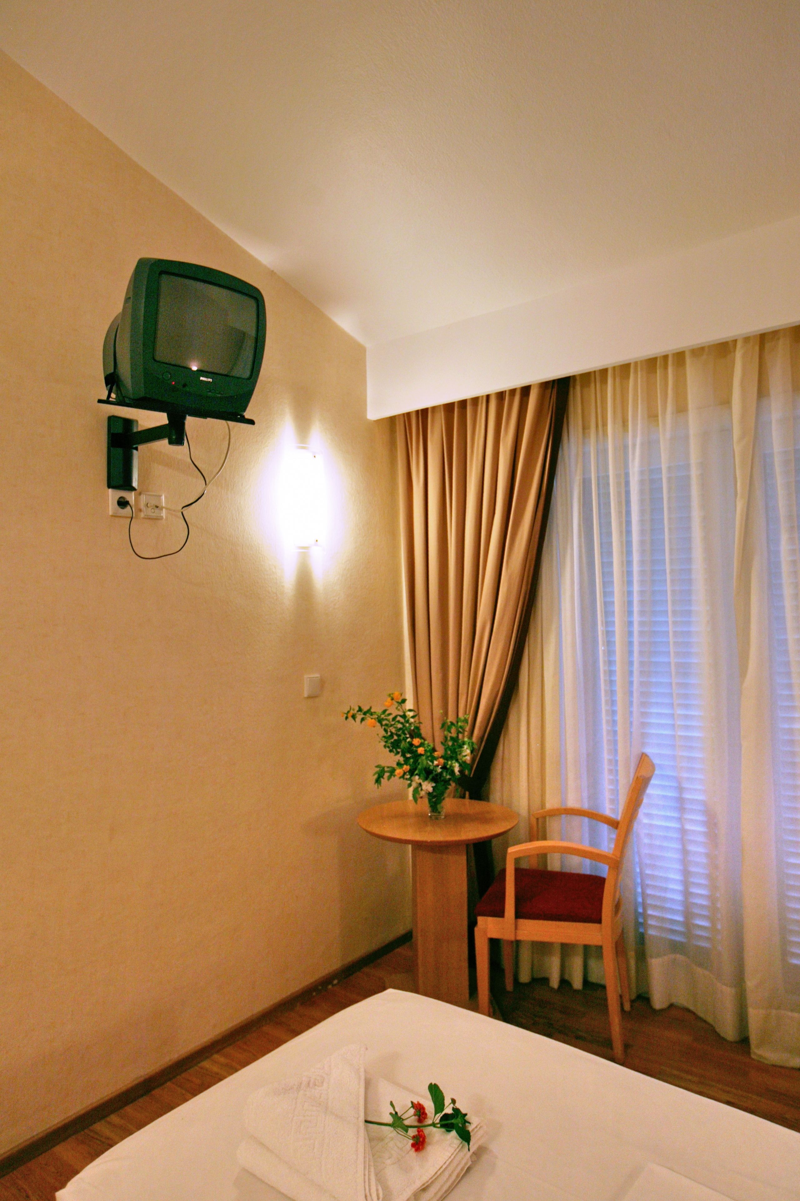 A hotel room with a bed, a small table with a plant, a chair, a television mounted on the wall, and a window with curtains.