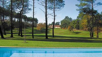 Una piscina con césped y árboles al fondo.