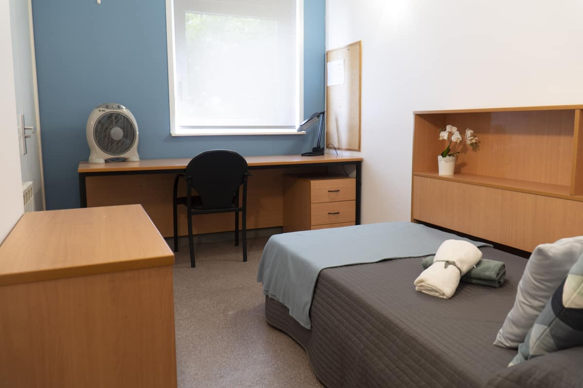 Une chambre à coucher avec un lit, un bureau, une chaise, un ventilateur et une étagère ornée de fleurs.