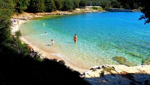 A beach with clear water, people swimming, and a forested area in the background. - Ribarska Koliba Resort (Pula)