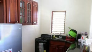 A compact kitchen with wooden cabinets, a stainless steel refrigerator, a washing machine, and a window with blinds. - Ocho Rios Pimento Villas (Ocho Rios)