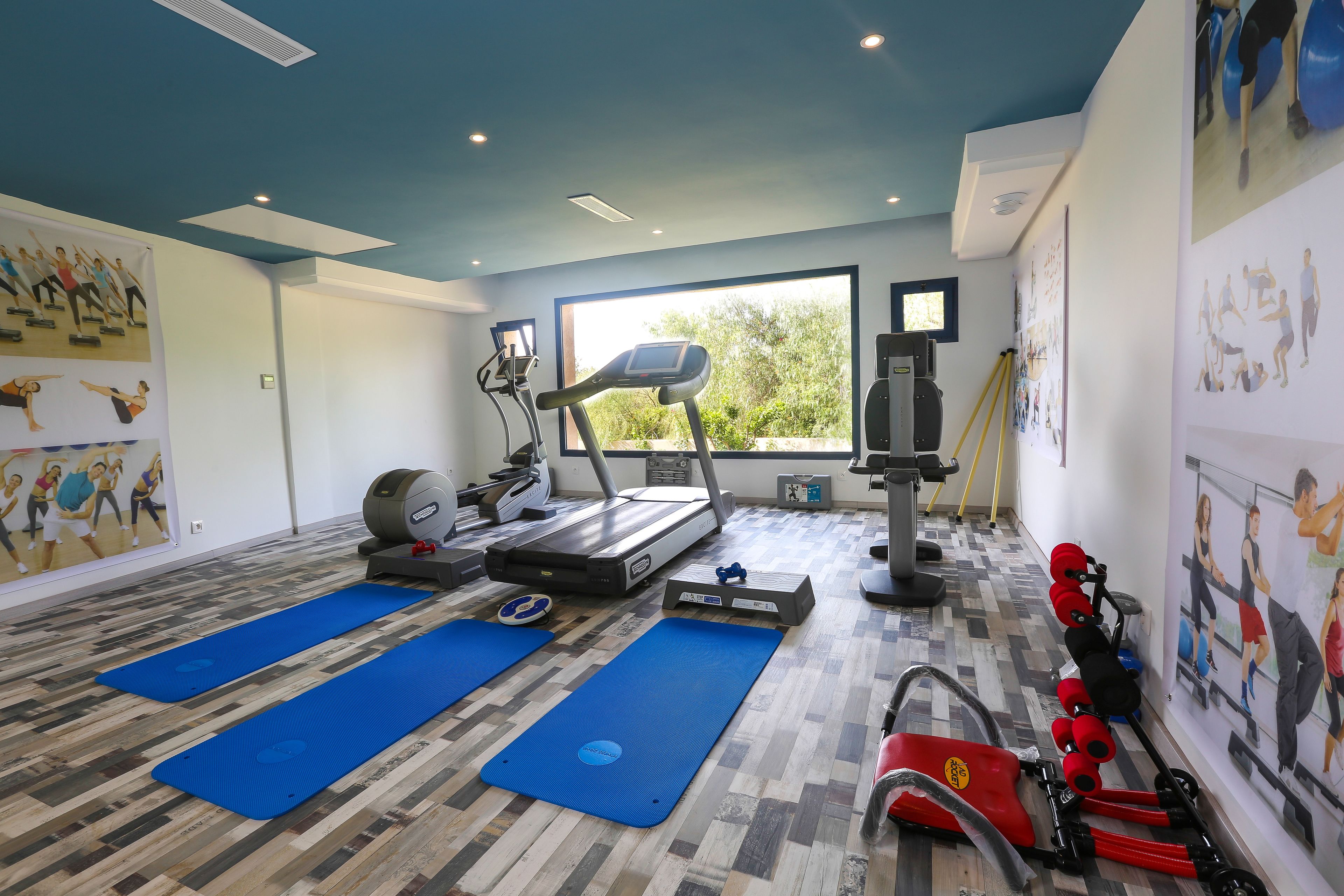 A gym with treadmills, elliptical machines, and exercise mats.