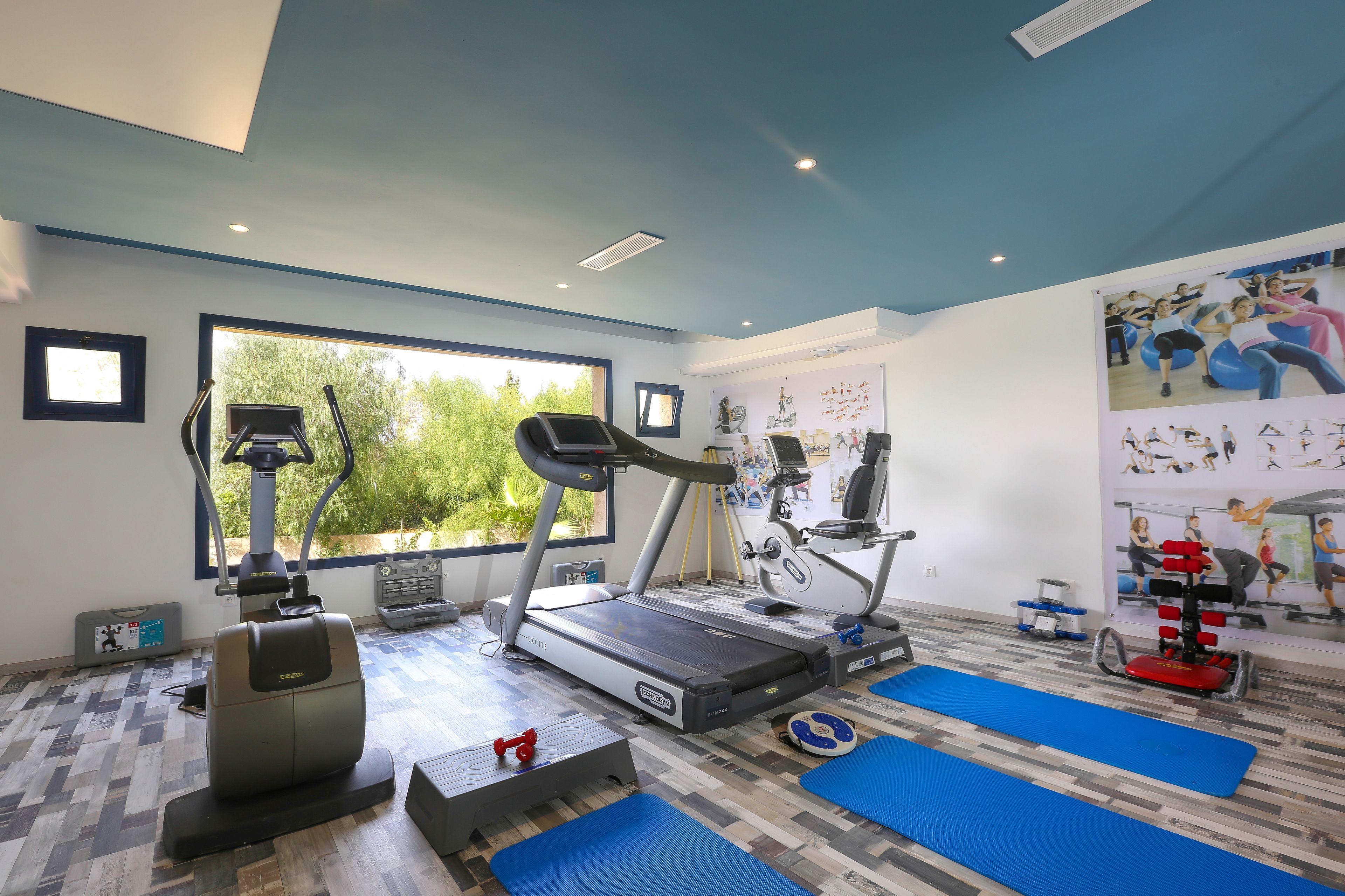 Un gimnasio con cintas de correr, elípticas y colchonetas de ejercicio.