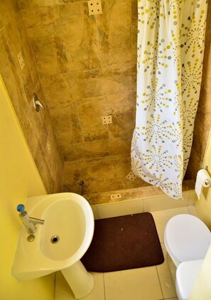 A bathroom with a shower, a sink, and a toilet. - Kingston Sunset Guest Apartment II (Kingston)