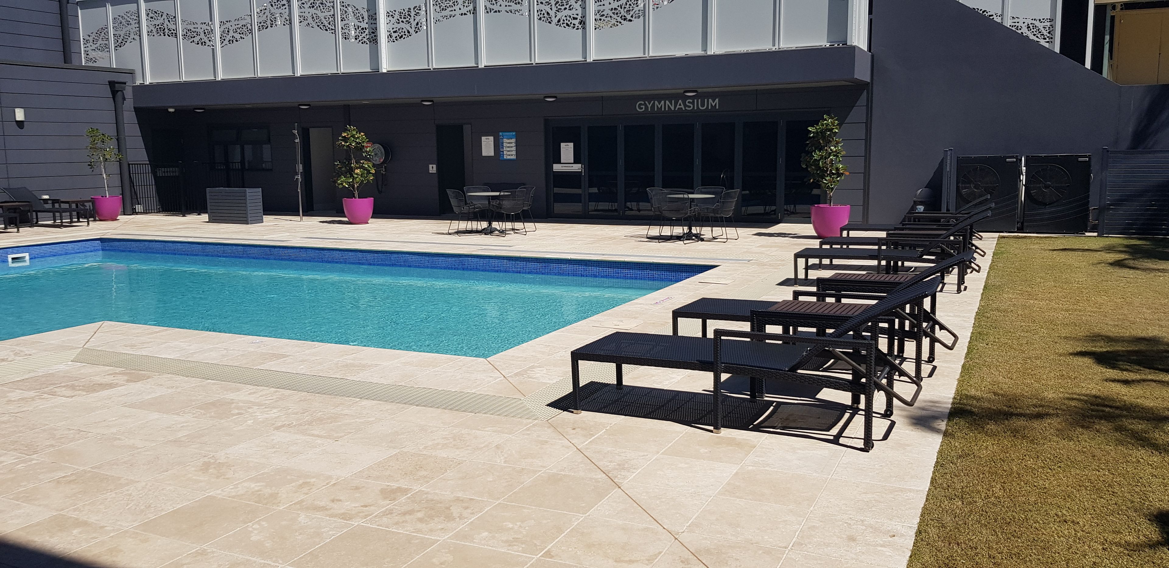 outdoor pool, pool loungers