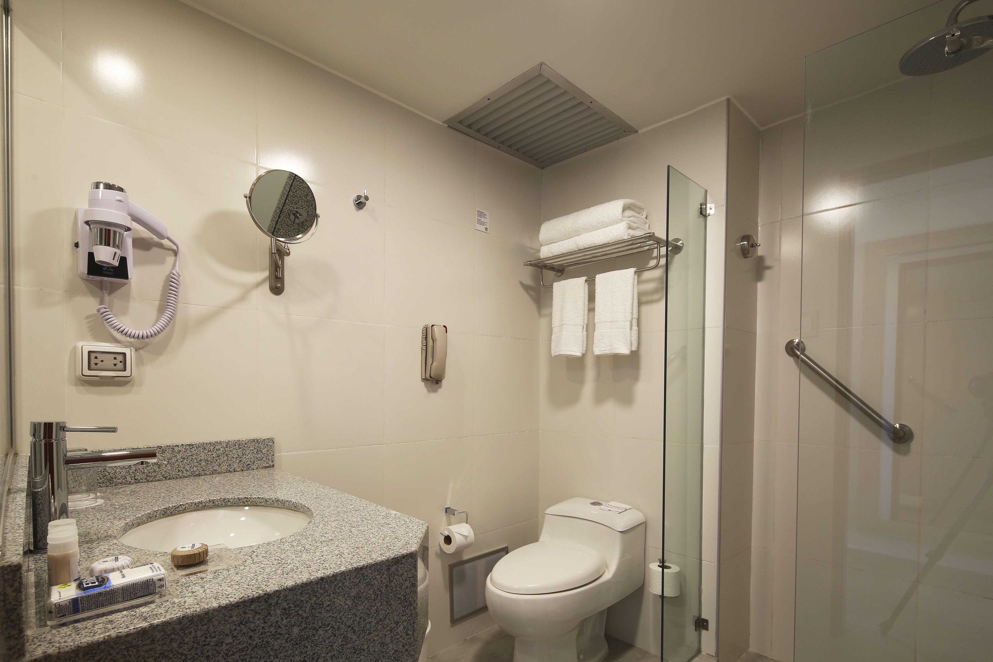 shower, designer toiletries, hair dryer, towels