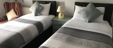 Two twin beds with grey and white striped bedding, a bedside table with a lamp, and a chair with striped upholstery.
