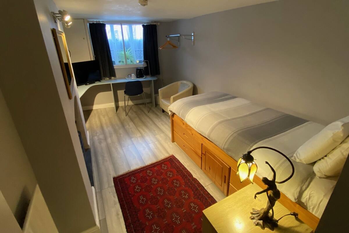 A bedroom with a bed, a desk, a chair, a red rug, and a nightstand with a lamp.