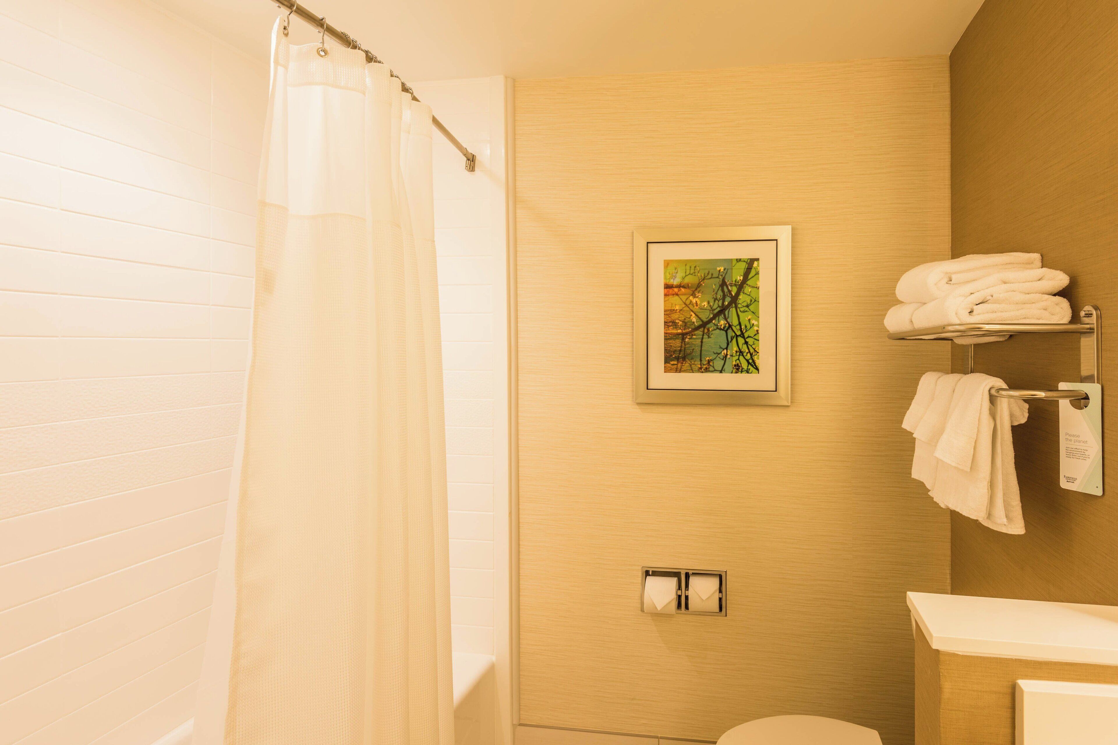 Uma casa de banho com cortina de chuveiro, sanita, porta-toalhas com toalhas e um quadro emoldurado na parede.