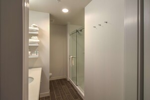 Bañera con ducha, secador de pelo, toallas