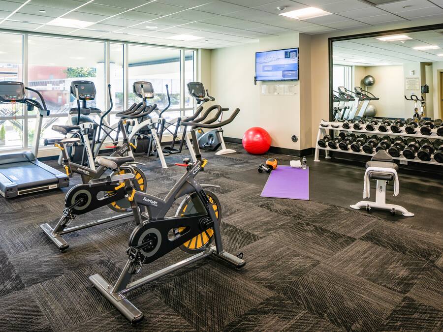 A gym with treadmills, stationary bikes, a red exercise ball, and a rack of dumbbells.