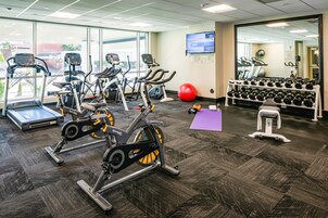 Uma academia com esteiras, bicicletas ergométricas, uma bola de exercício vermelha e um suporte com halteres.