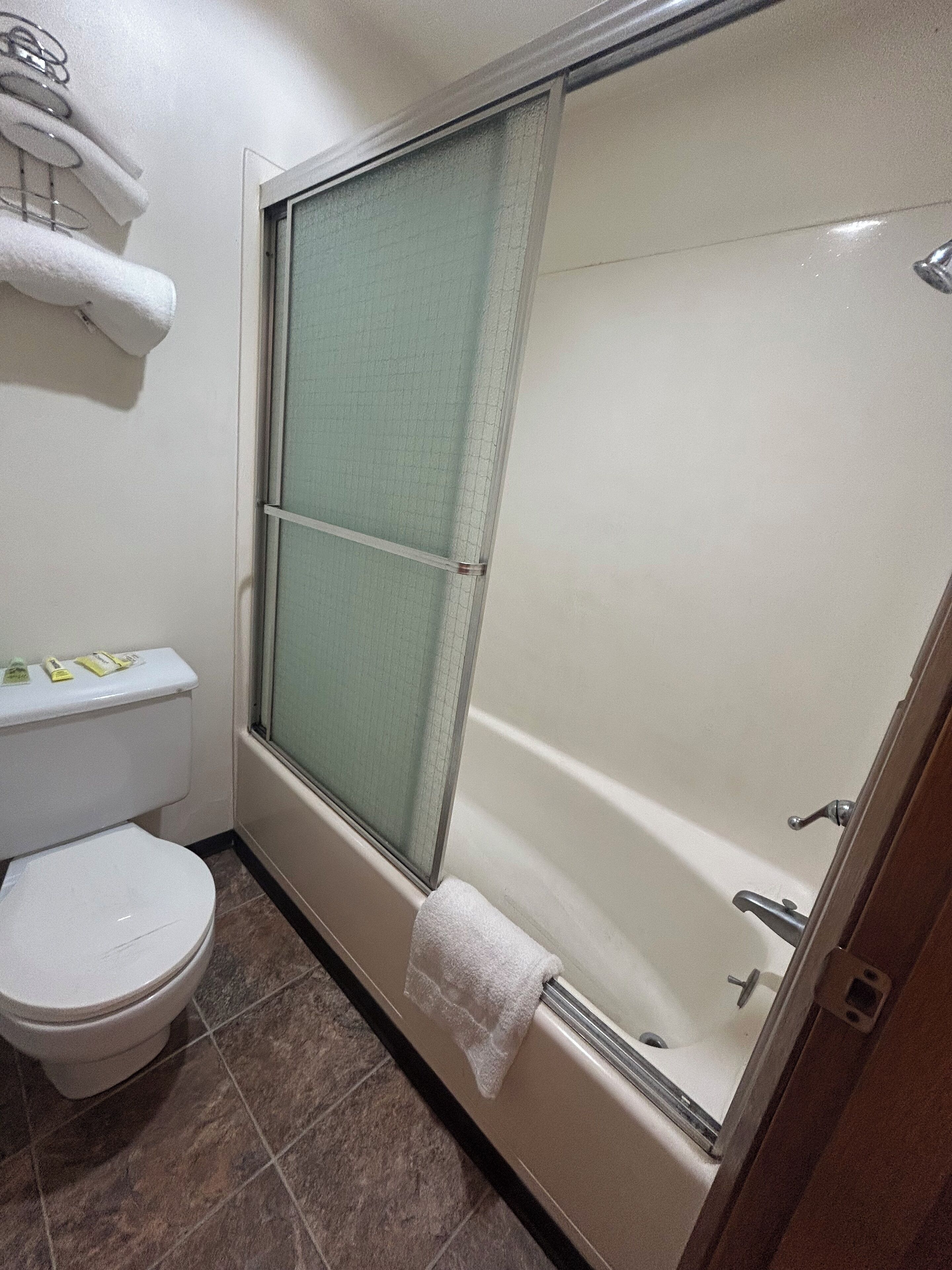 Een kleine badkamer met toilet, douche met glazen deur en een handdoekrek.