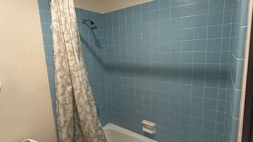 Une salle de bain avec une baignoire, des toilettes et un rideau de douche.