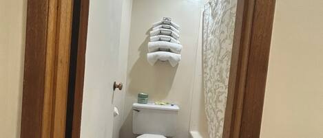 Un baño estrecho con inodoro, toallero y cortina de ducha.