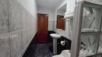 Un baño estrecho con inodoro, lavamanos y espejo.