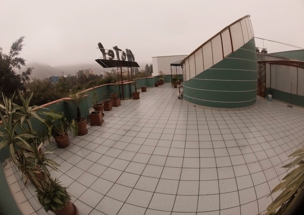 Eine Dachterrasse mit Topfpflanzen, einer Treppe und einem Schild.