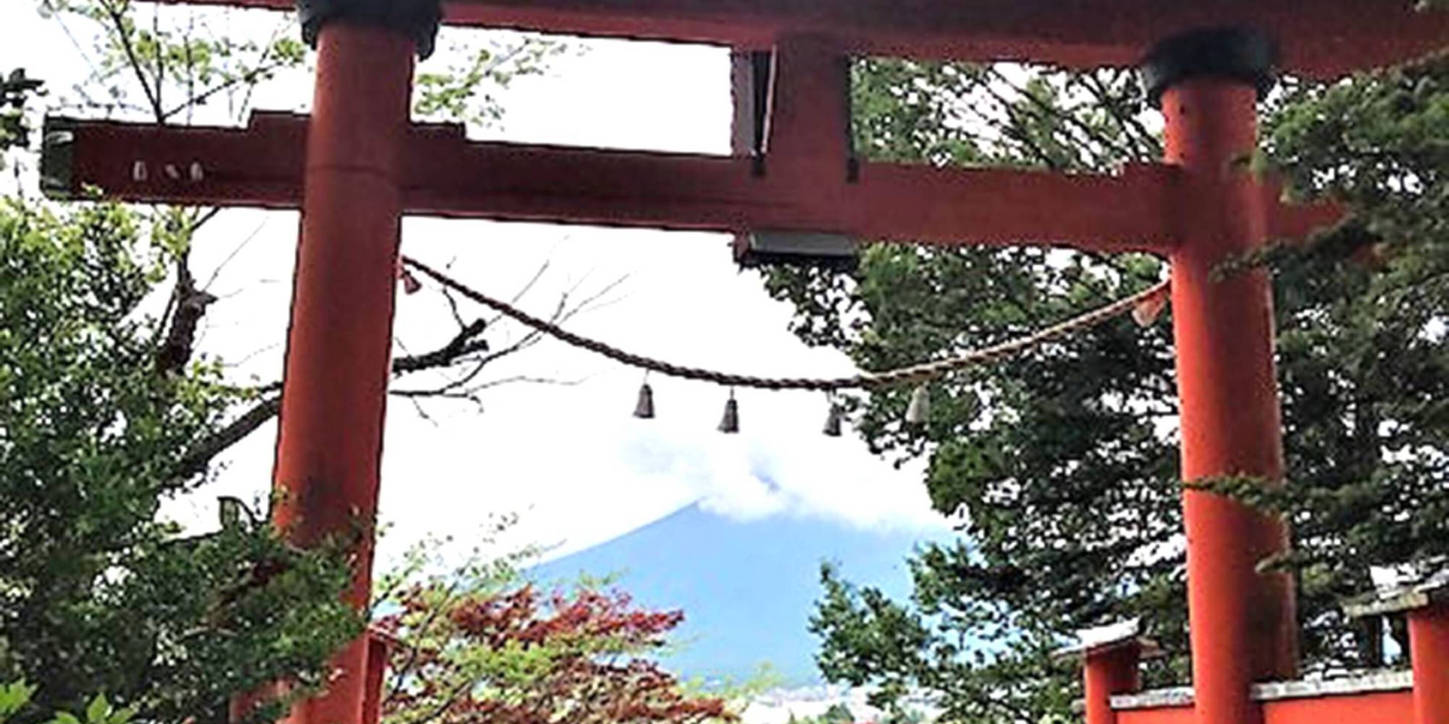Un torii japonés tradicional con una vista despejada de una montaña al fondo.