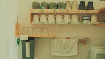 Mini-fridge, microwave, toaster oven, paper towels