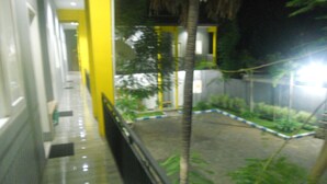 A corridor with a yellow wall, a palm tree, and a fenced garden area. - Bromo Sunrise Homestay (Probolinggo)