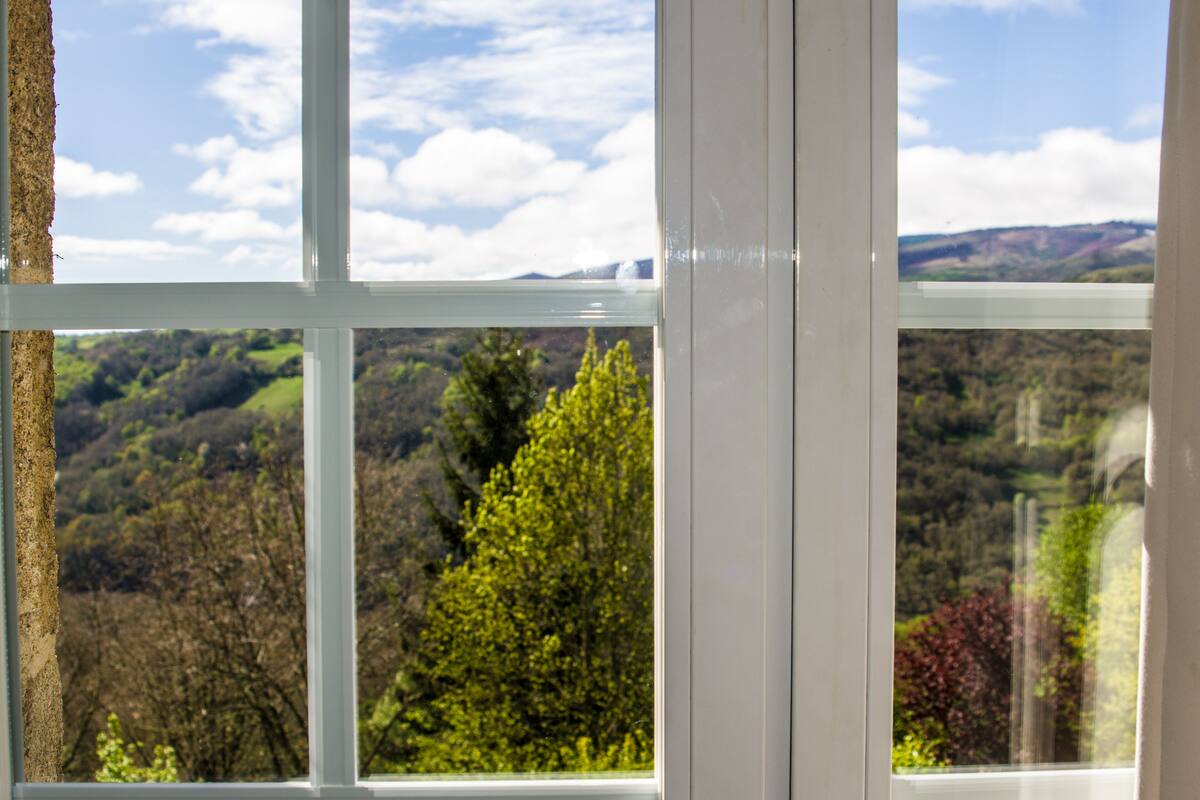 A view through a window with a white frame, revealing a landscape with trees and hills in the background.