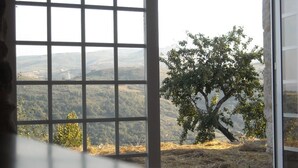 Habitación con vistas a un árbol y colinas distantes a través de una ventana con diseño de cuadrícula.