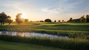 A golf course with a pond, trees, and a clear sky.